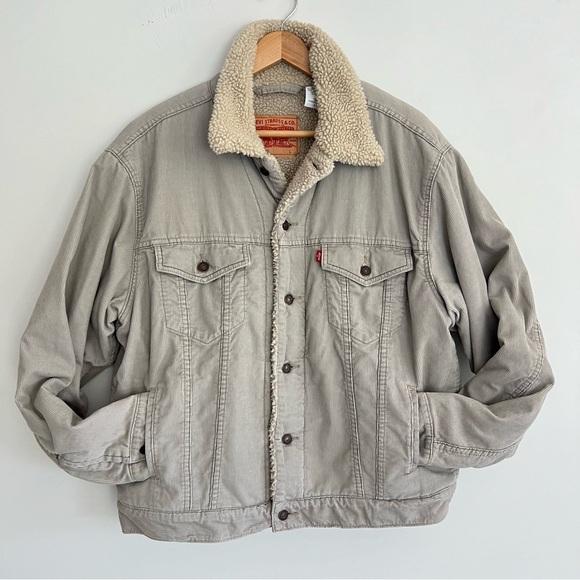 LEVI’S Light Gray Corduroy Beige Sherpa Lining Button Up Trucker Jacket Sz L - Picture 2 of 16